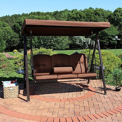 Sunnydaze 3-Person Steel Patio Swing Bench with Side Tables/Canopy - Brown