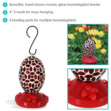 Sunnydaze Glass Oval Mosaic Flower Outdoor Hummingbird Feeder - 7 In - Red