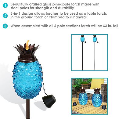 Sunnydaze Glass Tropical Pineapple 2-in-1 Outdoor Torch - Blue - Set of 2