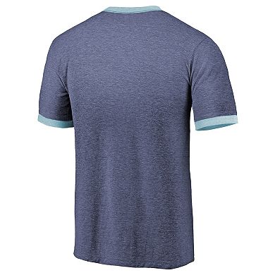 Men's Majestic Threads Heathered Deep Sea Blue Seattle Kraken Ringer Contrast Tri-Blend T-Shirt