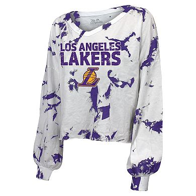 Women's Majestic Threads White Los Angeles Lakers Aquarius Tie-Dye Cropped V-Neck Long Sleeve T-Shirt