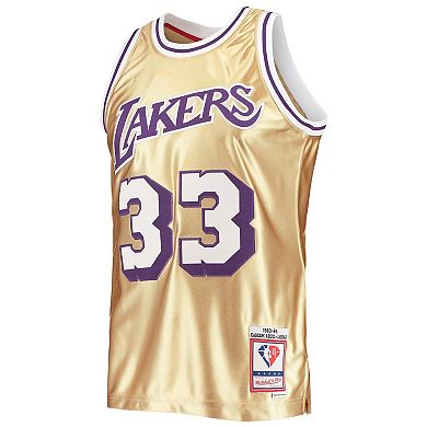 Men's Mitchell & Ness Kareem Abdul-Jabbar Gold Los Angeles Lakers 75th Anniversary 1983-84 Hardwood Classics Swingman Jersey