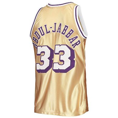 Men's Mitchell & Ness Kareem Abdul-Jabbar Gold Los Angeles Lakers 75th Anniversary 1983-84 Hardwood Classics Swingman Jersey