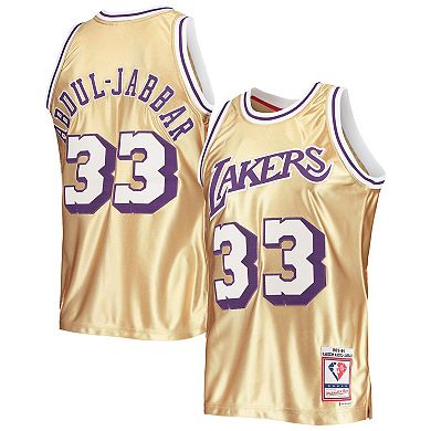Men's Mitchell & Ness Kareem Abdul-Jabbar Gold Los Angeles Lakers 75th Anniversary 1983-84 Hardwood Classics Swingman Jersey