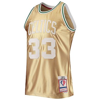 Men's Mitchell & Ness Larry Bird Gold Boston Celtics 75th Anniversary 1985/86 Hardwood Classics Swingman Jersey