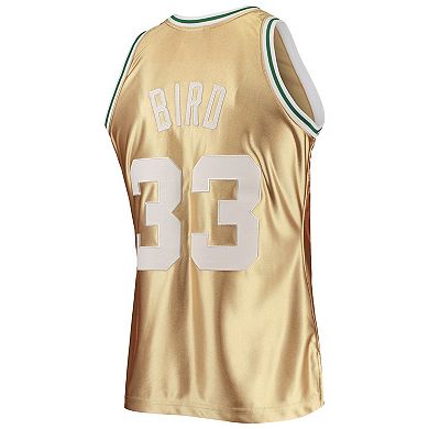 Men's Mitchell & Ness Larry Bird Gold Boston Celtics 75th Anniversary 1985/86 Hardwood Classics Swingman Jersey