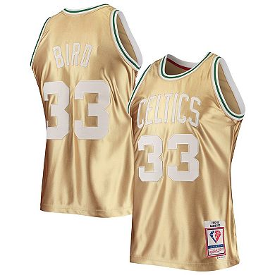 Men's Mitchell & Ness Larry Bird Gold Boston Celtics 75th Anniversary 1985/86 Hardwood Classics Swingman Jersey