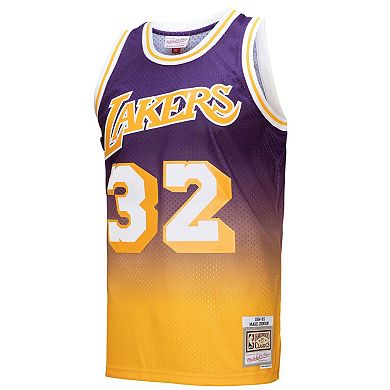 Men's Mitchell & Ness Magic Johnson Gold/Purple Los Angeles Lakers 1984/85 Hardwood Classics Fadeaway Swingman Player Jersey