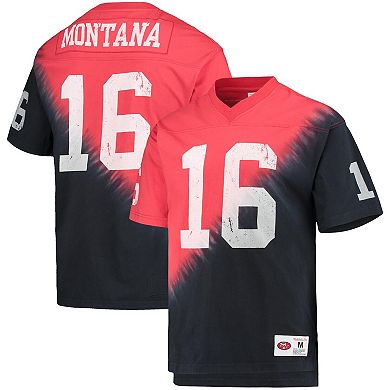 Men's Mitchell & Ness Joe Montana Black/Red San Francisco 49ers Retired Player Name & Number Diagonal Tie-Dye V-Neck T-Shirt