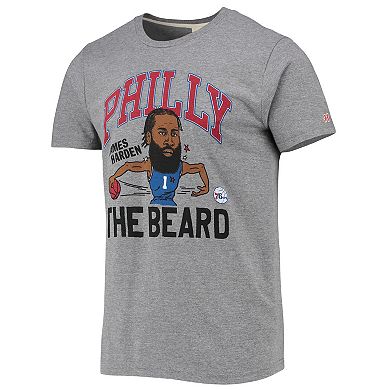 Men's Homage James Harden Heathered Gray Philadelphia 76ers Caricature Tri-Blend T-Shirt