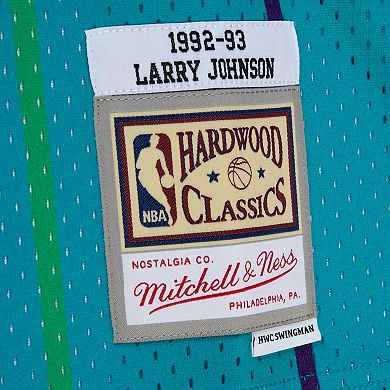 Men's Mitchell & Ness Larry Johnson Teal/Black Charlotte Hornets 1992/93 Hardwood Classics Fadeaway Swingman Player Jersey