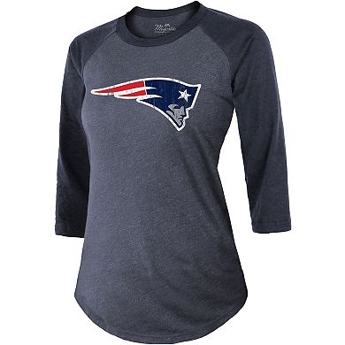 Women's Majestic Threads Mac Jones Navy New England Patriots Player Name & Number Raglan Tri-Blend 3/4-Sleeve T-Shirt