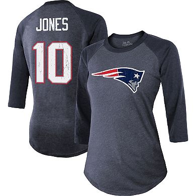 Women's Majestic Threads Mac Jones Navy New England Patriots Player Name & Number Raglan Tri-Blend 3/4-Sleeve T-Shirt