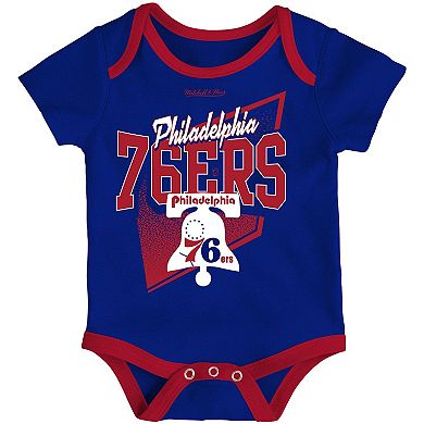 Newborn & Infant Mitchell & Ness Blue/Red Philadelphia 76ers 3-Piece Hardwood Classics Bodysuits & Cuffed Knit Hat Set