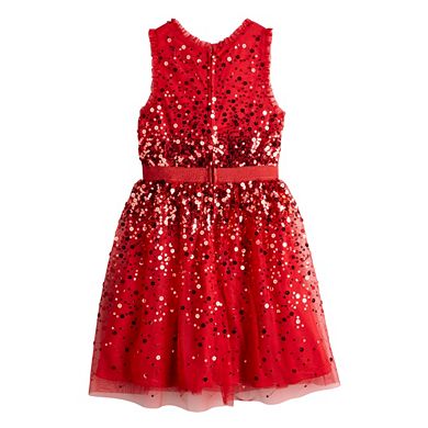 Girls 7-16 Three Pink Hearts Sleeveless Sequins Dress