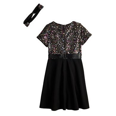 Girls 4-16 Three Pink Hearts Sequins to Solid Dress