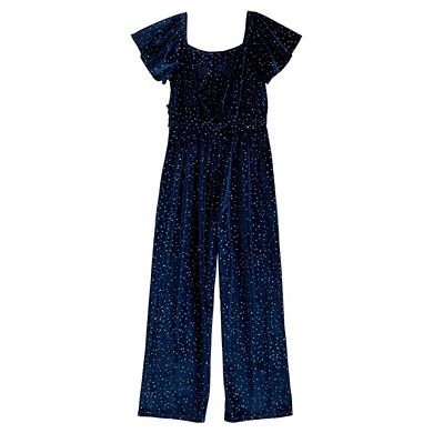 Girls 7-16 Three Pink Hearts Velvet and Glitter Jumpsuit