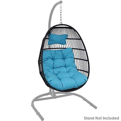 Sunnydaze Black Polyethylene Wicker Hanging Egg Chair with Cushions - Blue