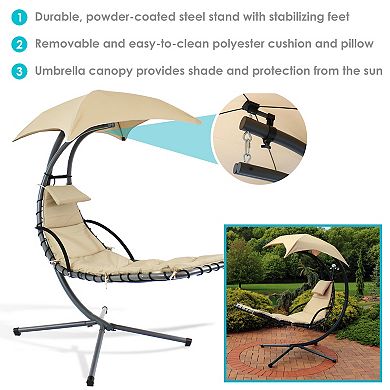 Sunnydaze Floating Lounge Chair with Umbrella and Stand - Beige - Set of 2