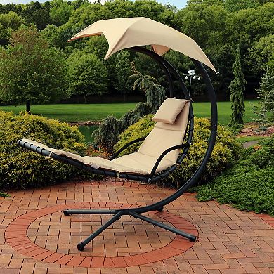 Sunnydaze Floating Lounge Chair with Umbrella and Stand - Beige - Set of 2