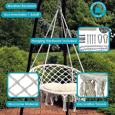 Sunnydaze Cotton Rope Macrame Hammock Chair with Tassels/Cushion - Cream