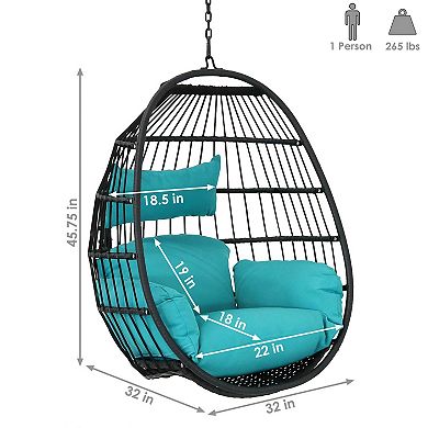 Sunnydaze Black Resin Wicker Hanging Egg Chair with Cushions - Blue