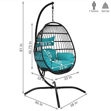 Sunnydaze Resin Wicker Hanging Egg Chair with Steel Stand/Cushion - Teal