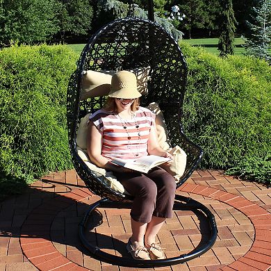 Sunnydaze Black Resin Wicker Basket Hanging Egg Chair With Cushions - Beige