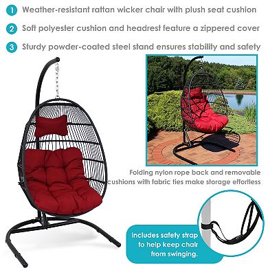 Sunnydaze Resin Wicker Hanging Egg Chair with Steel Stand/Cushions - Red