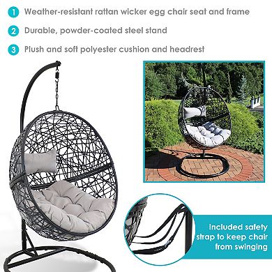 Sunnydaze Resin Wicker Hanging Egg Chair with Steel Stand/Cushion - Gray