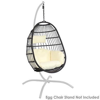 Sunnydaze Black Resin Wicker Hanging Egg Chair with Cushions - Cream