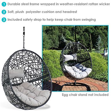 Sunnydaze Black Resin Wicker Round Hanging Egg Chair with Cushions - Gray
