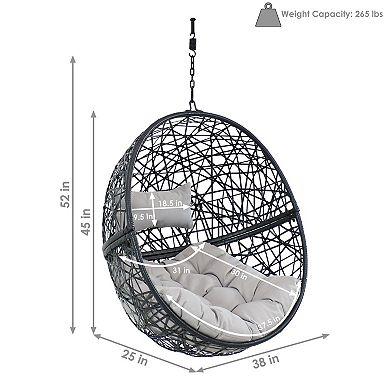 Sunnydaze Black Resin Wicker Round Hanging Egg Chair with Cushions - Gray