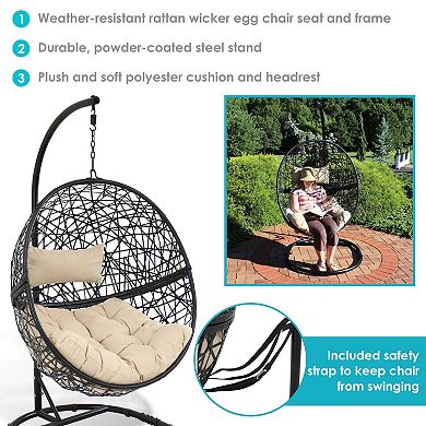 Sunnydaze Resin Wicker Hanging Egg Chair with Steel Stand/Cushion - Beige