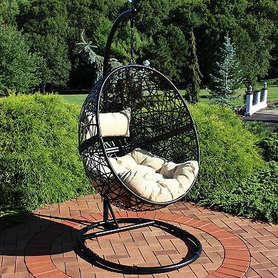 Sunnydaze Resin Wicker Hanging Egg Chair with Steel Stand/Cushion - Beige