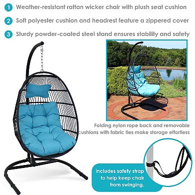 Sunnydaze Resin Wicker Hanging Egg Chair with Steel Stand/Cushions - Blue