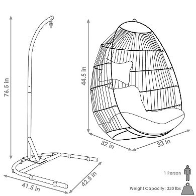 Sunnydaze Resin Wicker Hanging Egg Chair with Steel Stand/Cushions - Blue