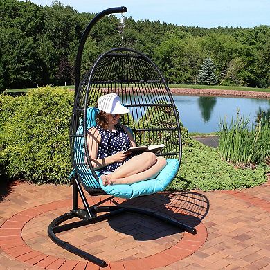 Sunnydaze Resin Wicker Hanging Egg Chair with Steel Stand/Cushions - Blue