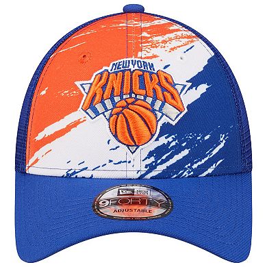 Men's New Era Blue New York Knicks Marble 9FORTY Trucker Snapback Hat