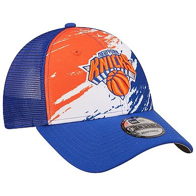 Men's New Era Blue New York Knicks Marble 9FORTY Trucker Snapback Hat