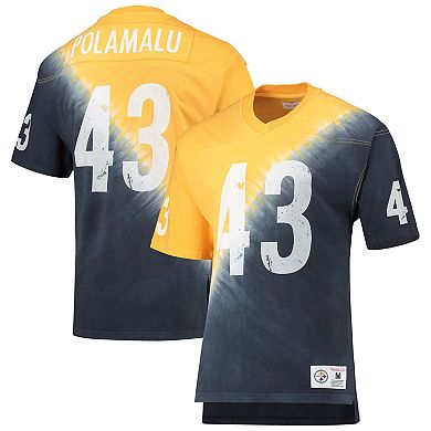 Men's Mitchell & Ness Troy Polamalu Gold/Black Pittsburgh Steelers Retired Player Name & Number Diagonal Tie-Dye V-Neck T-Shirt