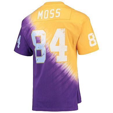 Men's Mitchell & Ness Randy Moss Gold/Purple Minnesota Vikings Retired Player Name & Number Diagonal Tie-Dye V-Neck T-Shirt