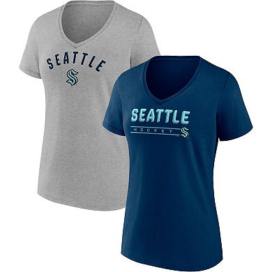 Women's Fanatics Branded Deep Sea Blue/Gray Seattle Kraken Parent 2-Pack V-Neck T-Shirt Set