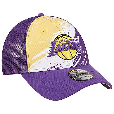 Men's New Era Purple Los Angeles Lakers Marble 9FORTY Trucker Snapback Hat