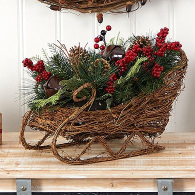 nearly natural 18" Christmas Sleigh with Pine, Pinecones & Berries Artificial Christmas Arrangement