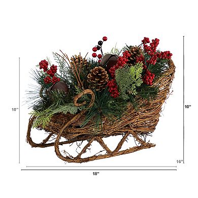 nearly natural 18" Christmas Sleigh with Pine, Pinecones & Berries Artificial Christmas Arrangement