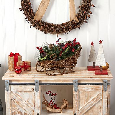 nearly natural 18" Christmas Sleigh with Pine, Pinecones & Berries Artificial Christmas Arrangement