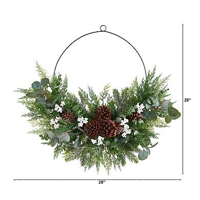 nearly natural 28" Christmas Pine, Eucalyptus, & Berries Metal Circlet Artificial Wreath