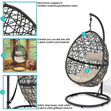 Sunnydaze Resin Wicker Hanging Egg Chair with Steel Stand/Cushions - Beige