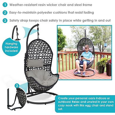 Sunnydaze Resin Wicker Basket Egg Chair with Steel Stand/Cushions - Gray